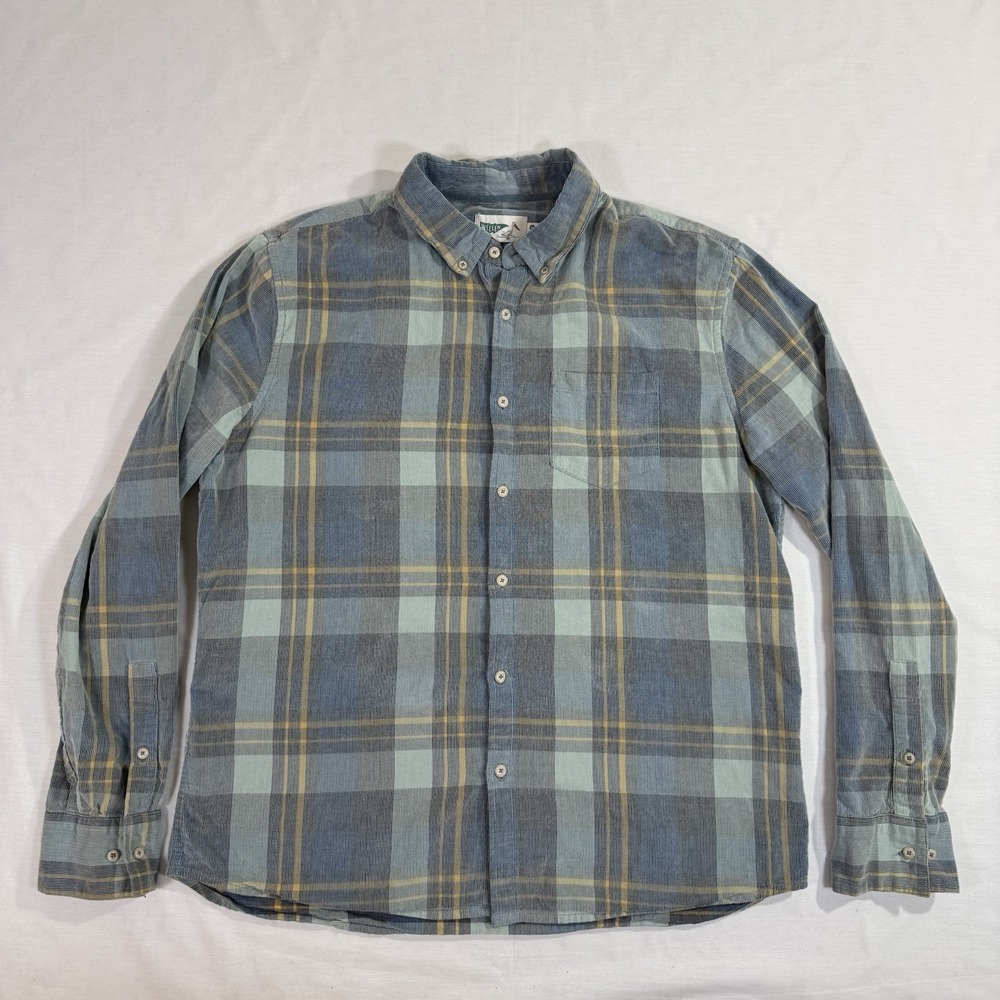Wellen Mens Organic Cotton Corduroy Plaid Button Down Shirt Blue Green Sz XL